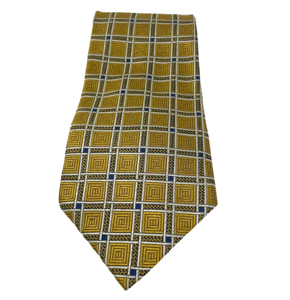 Ermenegildo Zegna 100% Silk Tie Made in Italy Gold Square Graphics